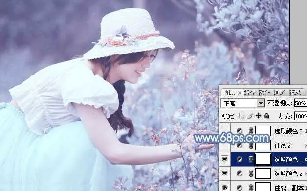 photoshop利用通道替换将花草中的美女调制出柔美的淡蓝色