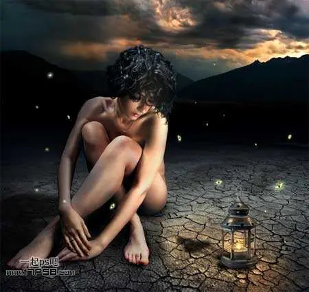 photoshop合成夜半梦境坐在孤灯旁取暖的女精灵