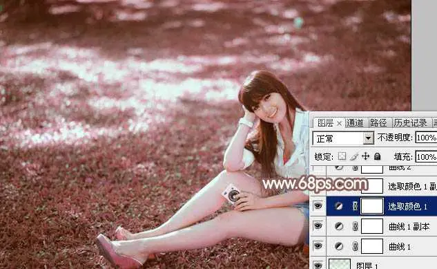 Photoshop打造唯美的粉红色草地美女图片