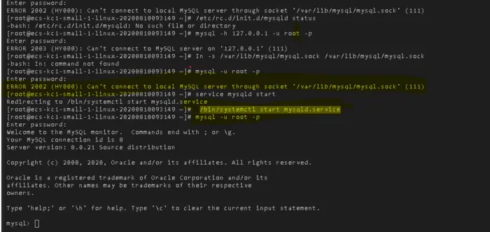centos8.0 ERROR 2002 (HY000): Can't connect to local MySQL server through socket '/var/lib/mysql/mysql.sock' (111)