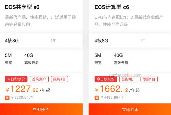 阿里云ECS共享型s6和计算型c6实例4核8G服务器选择攻略