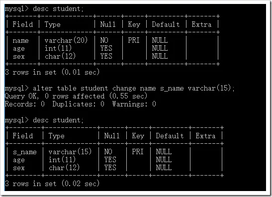 mysql数据表的基本操作:表结构操作，字段操作