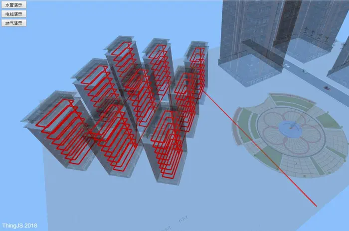 基于WebGL（ThingJS）的社区水电燃气管线3D可视化管理演示【三维管线,3D管线,水管可视化】